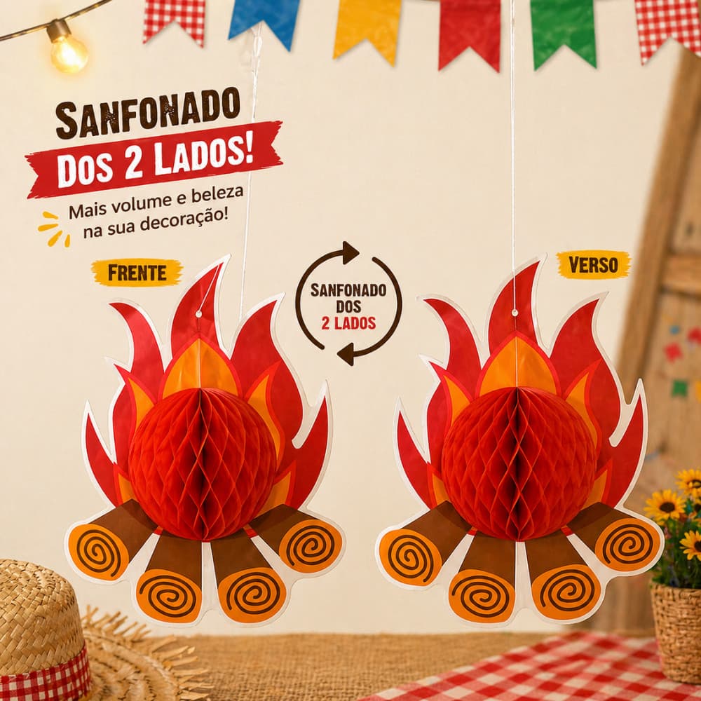 Fogueira de Papel Sanfonado Enfeite de Pendurar Festa Junina Arraiás - 28cm