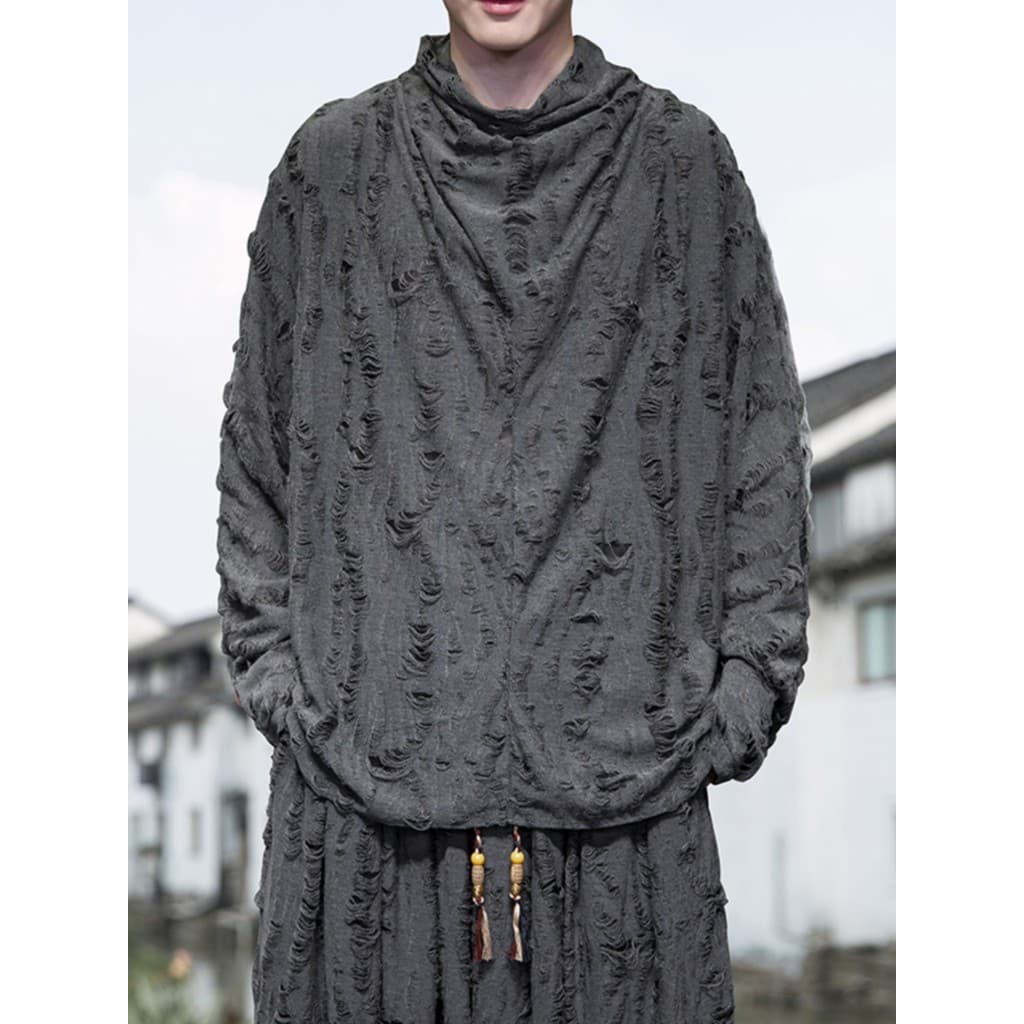 Primavera outono manga comprida camiseta masculina tamanho grande escuro rasgado oco estilo Yamamoto nicho Design gola p