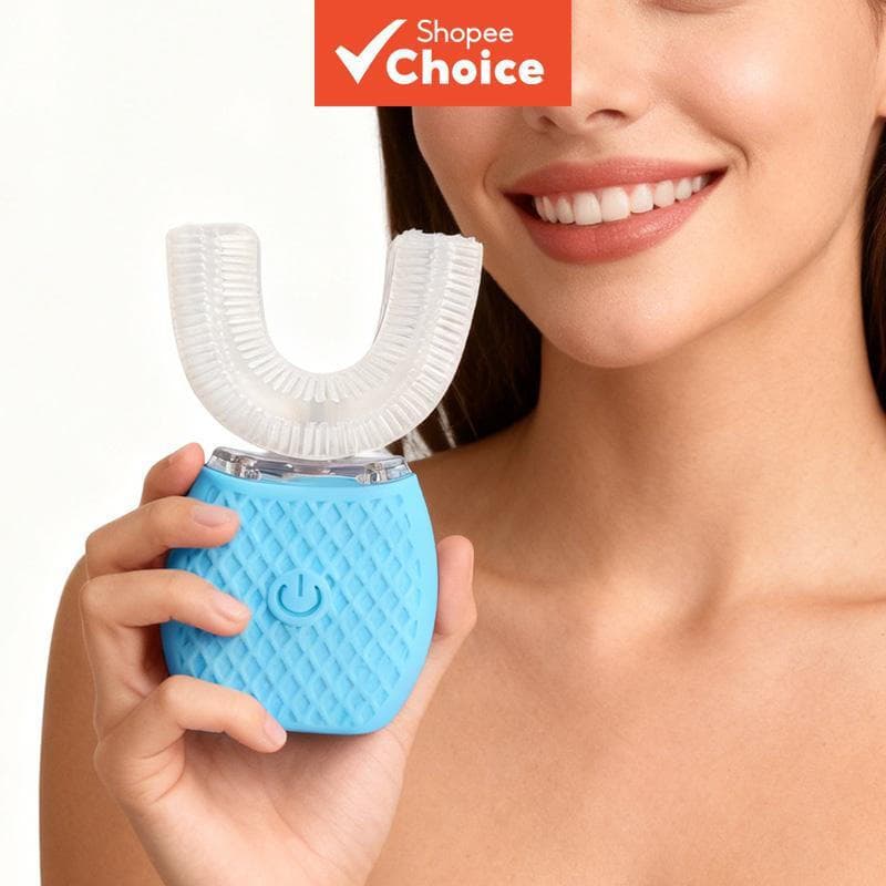 Escova de dentes elétrica portátil recarregável em U com rotação 360° à prova d'água para uso adulto, branqueamento e