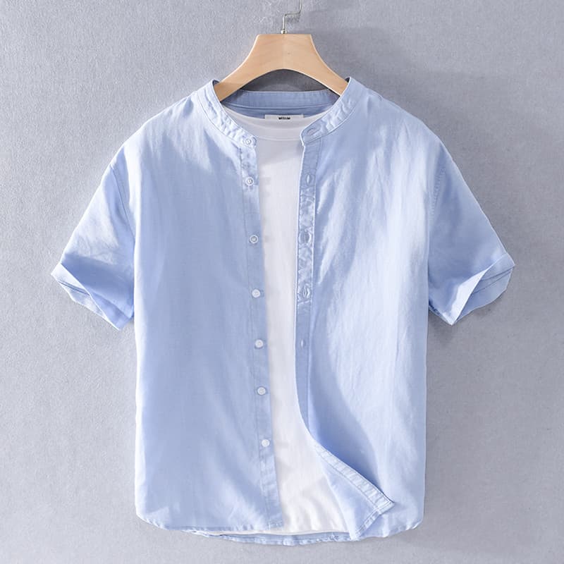 Verão masculino linho Casual camisa de manga curta solta gola alta algodão linho pequeno fresco arte nicho Commuter cami