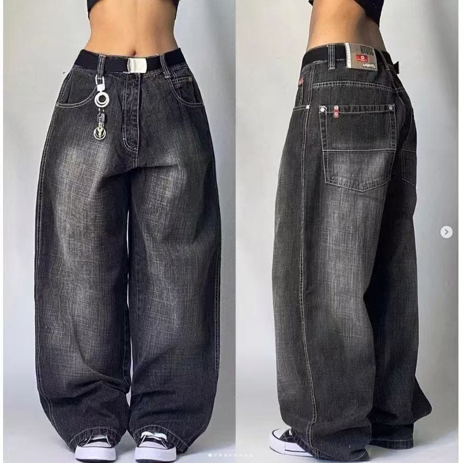 Novidade 2025: Calças Jeans Baggy Bordadas com Caveira Estilo Retrô Americano para Homens e Mulheres, Calças Góticas Sol