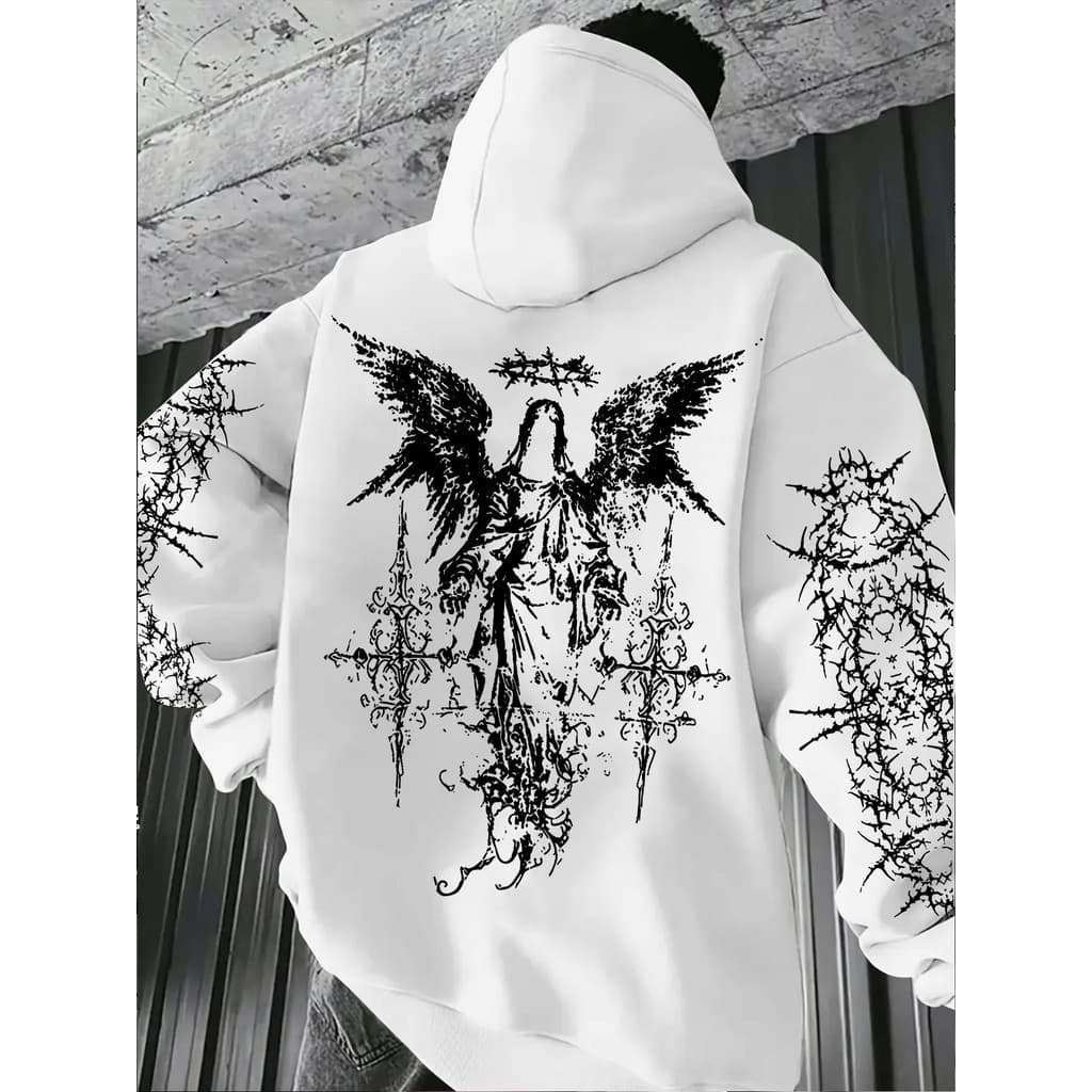 Moletom Canguru Feminino Estampado Anjo Gótico Cruz Espinhos Dark Aesthetic Tumblr Manga