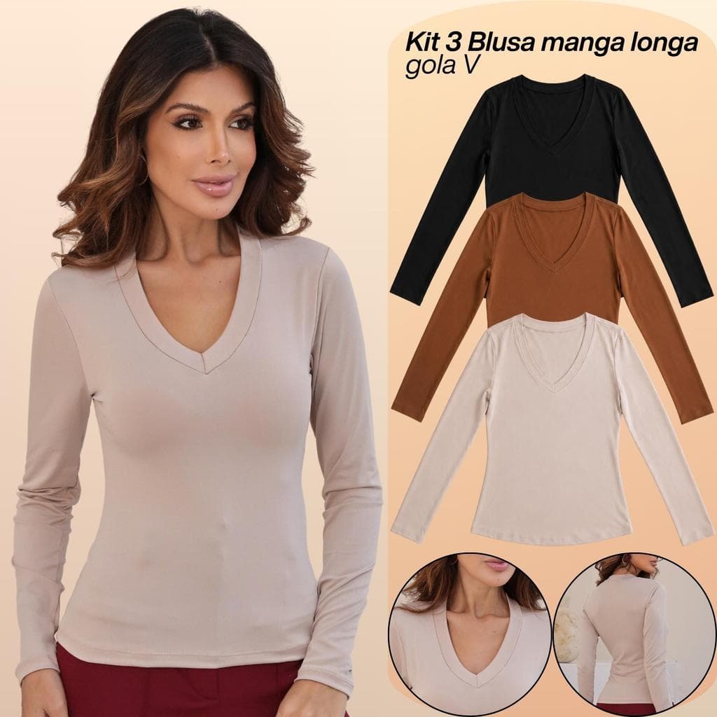 KIT 3  Blusas Feminina Manga Longa Gola V Segunda Pele Básica Para o Frio Inverno