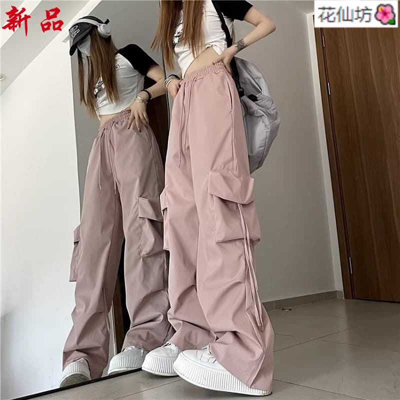 Americano Retro macacão feminino cordão cintura elástica bolso tridimensional cintura alta reta perna larga Streamer cal