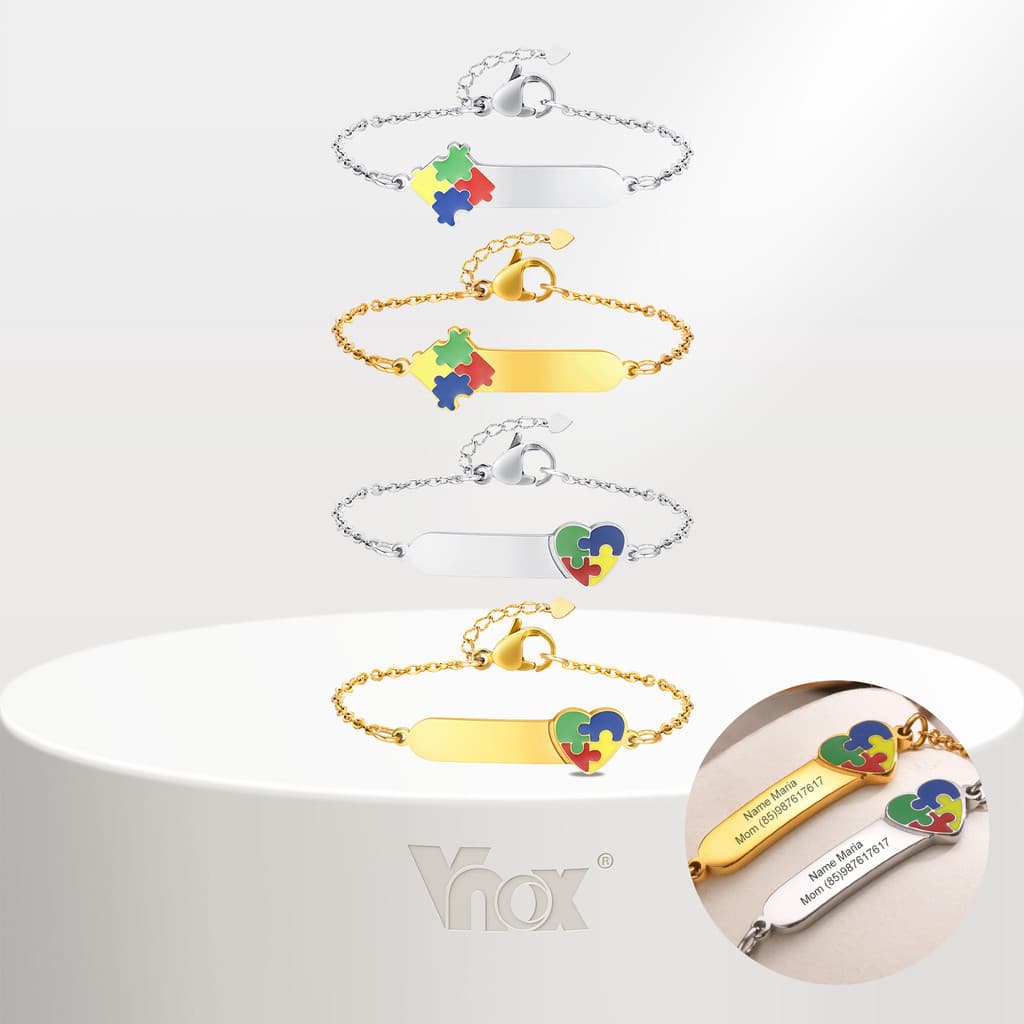 Pulseira Infantil Personalizada com Gravação de Conscientização sobre Autismo da Vnox, Placa de Nome em Aço Inoxidável,