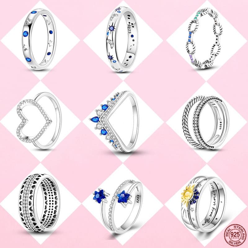2023 Novo 925 Sterling Silver Star Moon Sun Women Fashion Stackable Rings Luxo Colorido CZ Coração Em Forma De Duplo U A