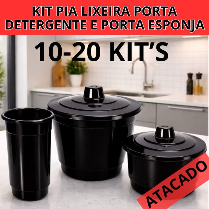 Kit Pia com 3 Peças de Plástico Para Cozinha Com Cesto de Lixo e Porta Esponja e Detergente - Atacado 10 ou 20 Kit’s