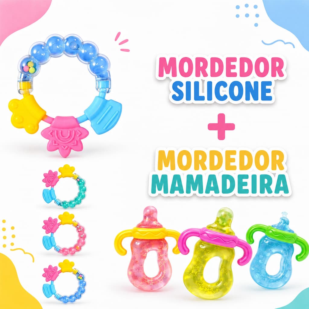 Kit Mordedor Mamadeira De Silicone Infantil + Chocalho Mordedor Para Bebe Silicone Macio