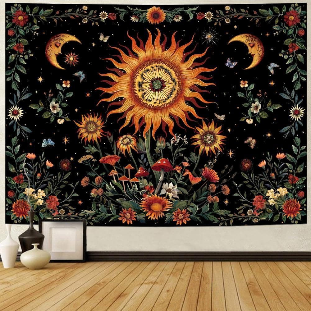 Tapeçaria Boho de Girassol Serborlur, Tapeçaria Hippie de Lua para Quarto, Tapeçarias de Parede Coloridas com Motivos Bo