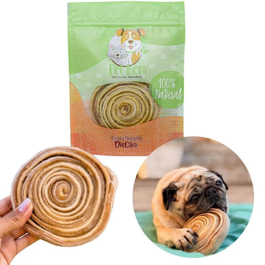 Mordedor Natural Mastigável Para Cães Discão Couro Bovino Desidratado Enrolado Pet Bem