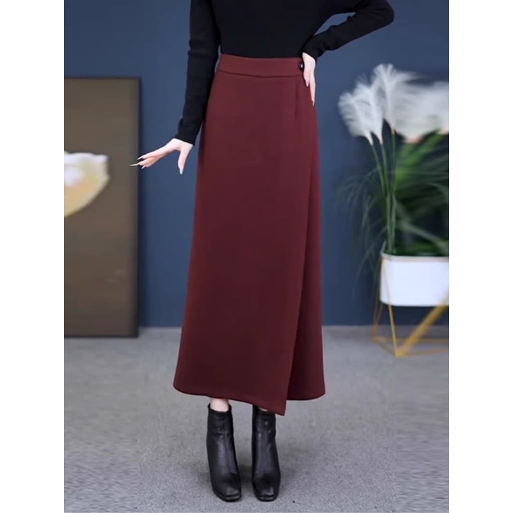 Uma peça saia de lã feminina primavera outono saia longa 2025 novo estilo cintura alta fenda Hip saia com casaco saia de