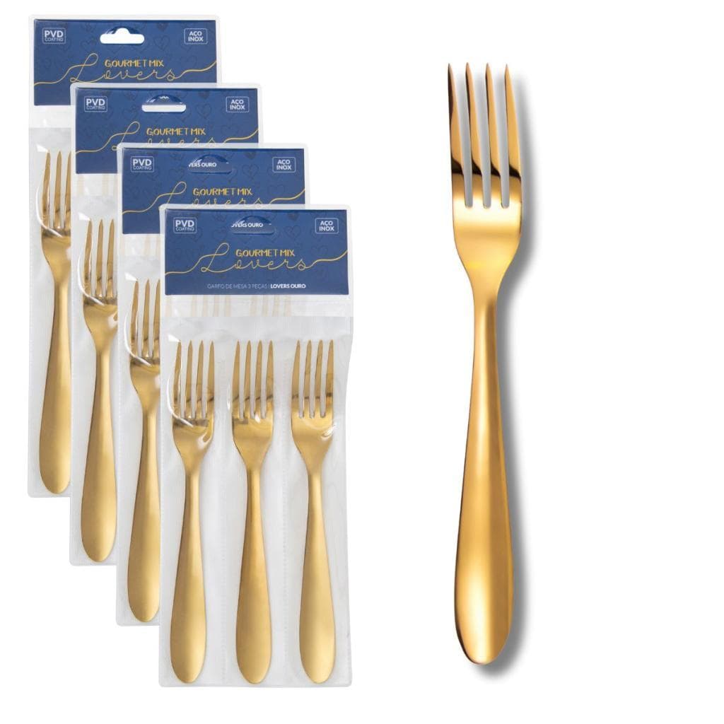 Kit 12 Garfo De Mesa Aço Inox Dourado Lovers Gourmet Mix