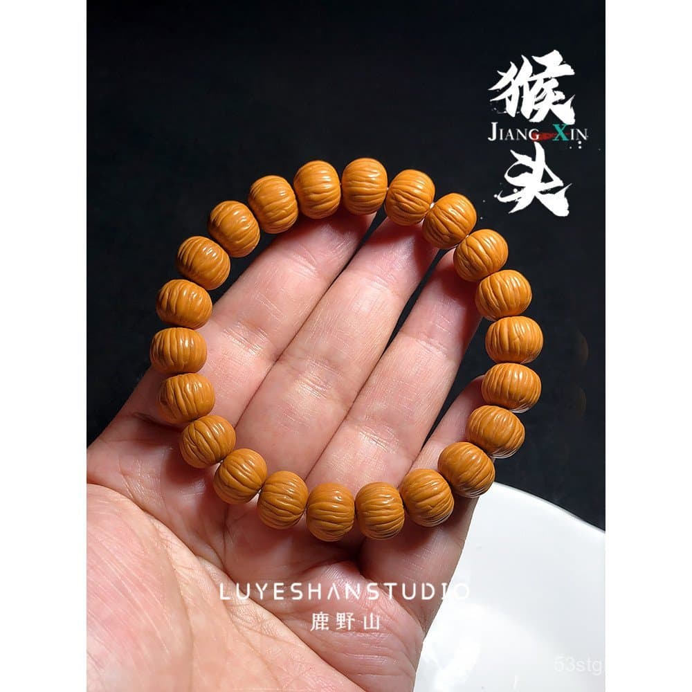 Pulseira de contas pequenas de nogueira com entalhe de cabeça de macaco, haste curta, estilo luxuoso, haste de abóbora c