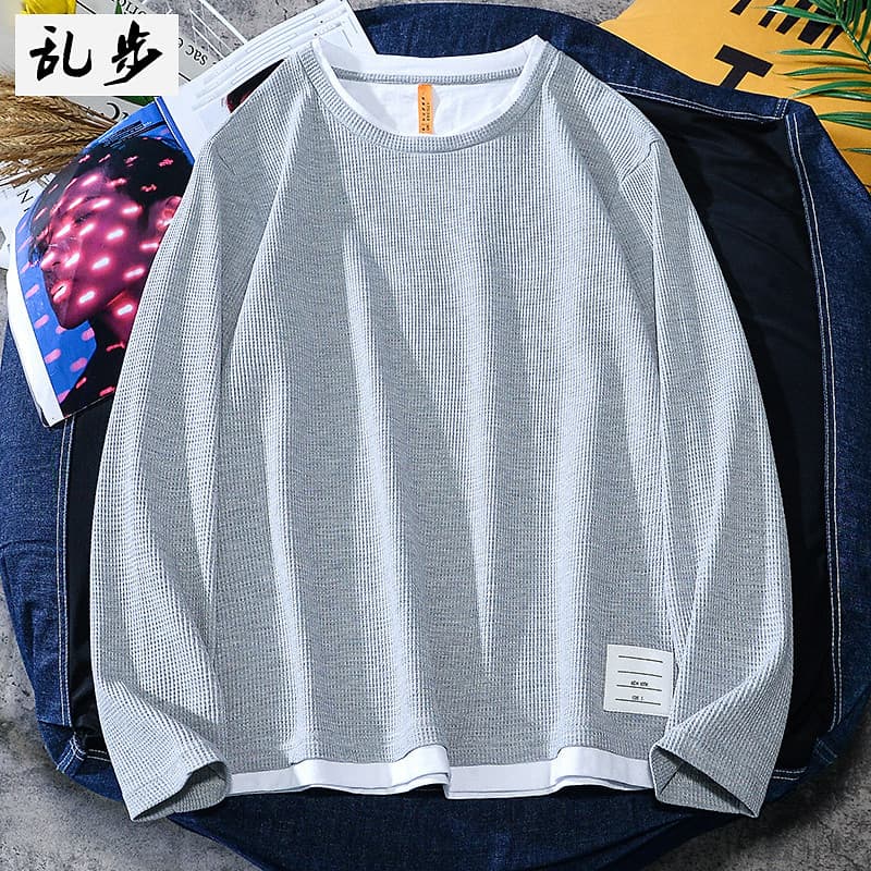 Falso de duas peças de manga comprida camiseta meninos Waffle moletom outono inverno solto street Wear ins camiseta amer