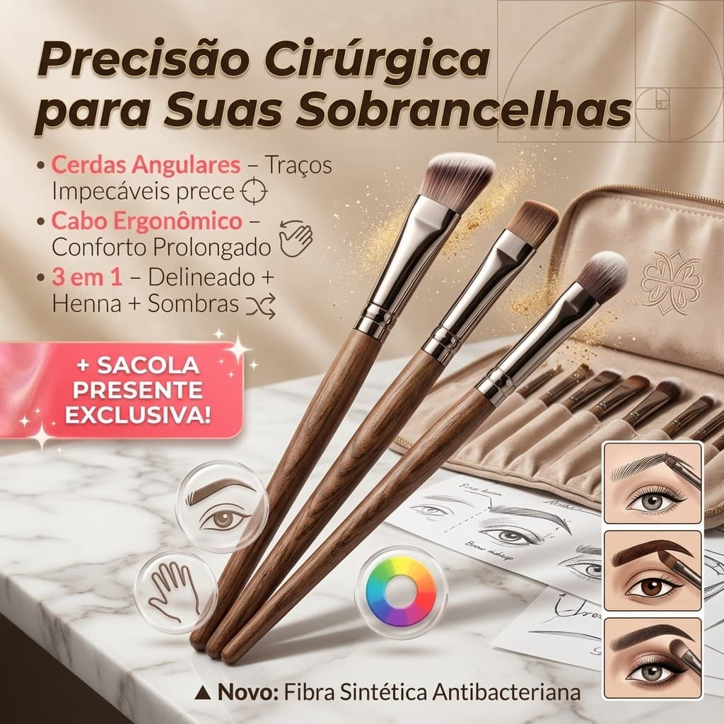 Kit 3 Pincel Chanfrado Profissional Para Design De Sobrancelha Henna E Delineado + Bag De Brinde