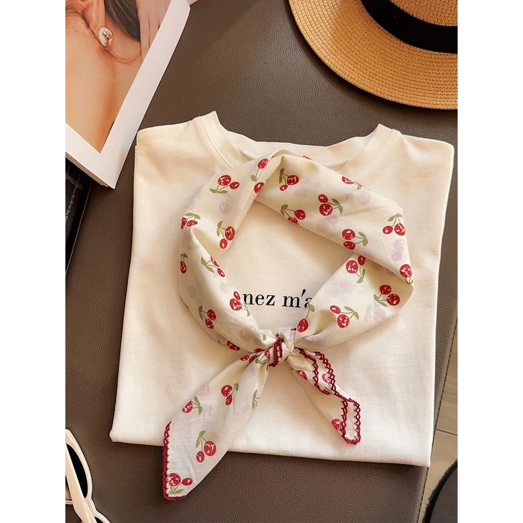 Versão coreana pequena cereja puro algodão renda lenço quadrado decoração bonito lenço feminino primavera verão novo est