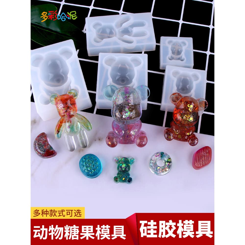 Molde epóxi de cristal DIY, desenho animado, desenho animado, Silicone, urso sentado, urso violento, doces, frutas, abac