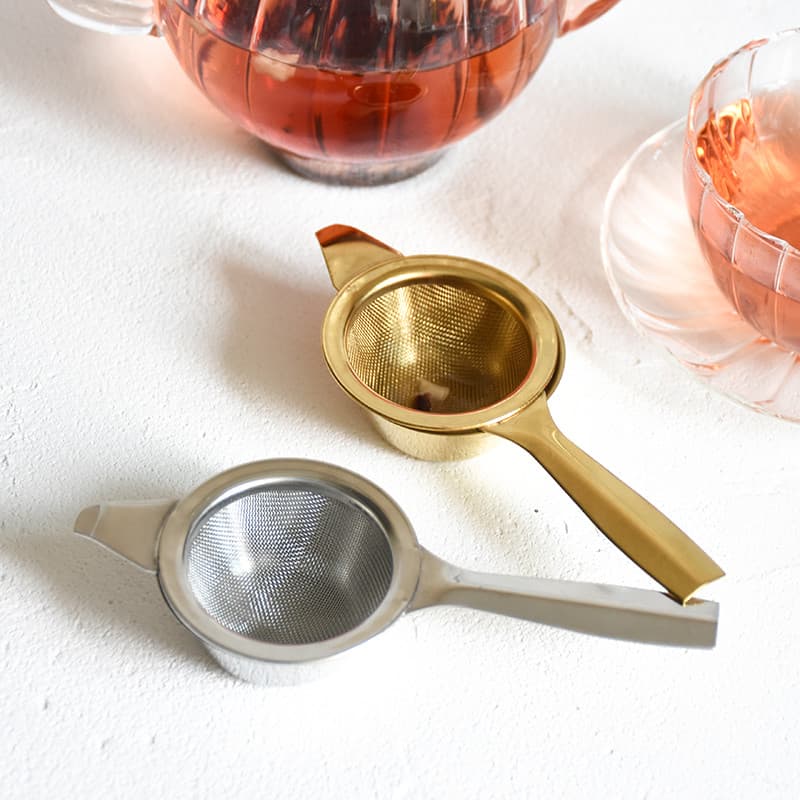 Coador de chá de aço inoxidável dourado, filtro de chá da tarde em inglês, malha de drenagem de chá com bandeja, conjunt