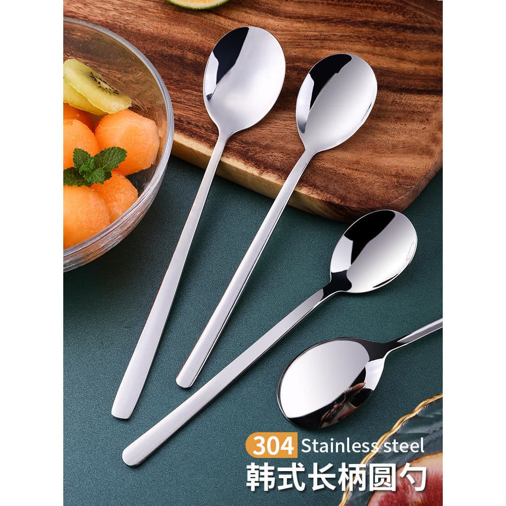 Colher doméstica de aço inoxidável alça longa estilo coreano influenciador colher crianças comendo 304 colher pequena co