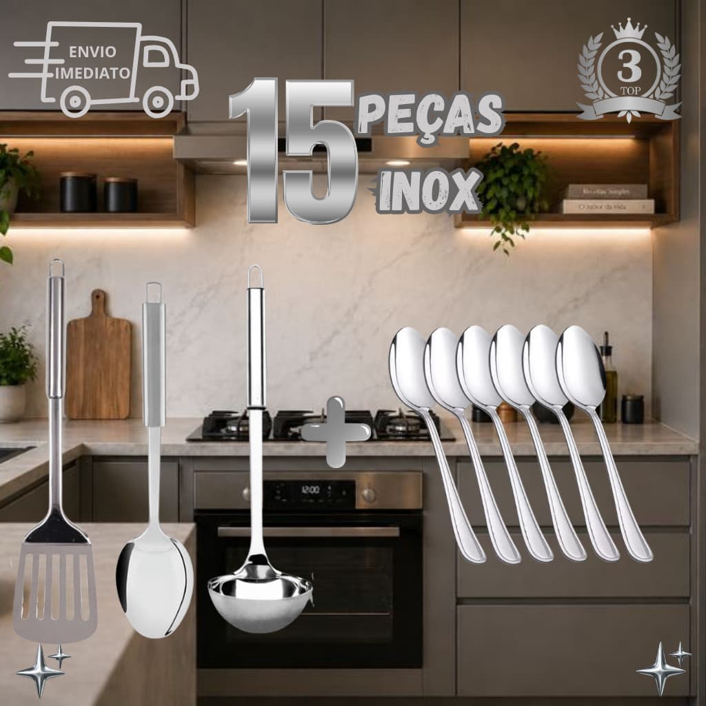 KIT 15 UTENSILIOS INOX - ESPÁTULA VAZADA, COLHER DE ARROZ, CONCHA E MUITO MAIS
