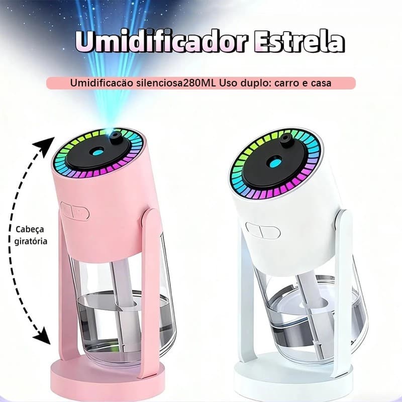 Novo Umidificador de Ar 280ml com Luz LED e Projeção Estrelada – Aromaterapia e Relaxamento