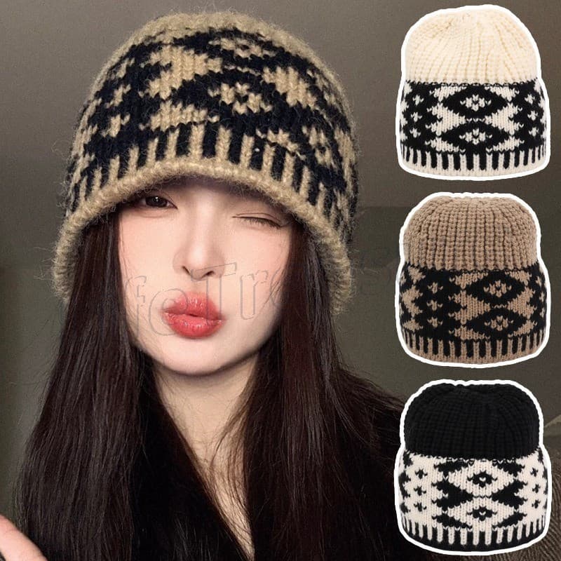 Chapéu Skullies Quente Outono Inverno – Elástico , Confortável , Respirável De Malha Vintage Feminino Gorro Jacquard Rho