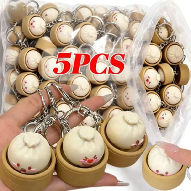 1/3/5 Unidades De Simulação De Pequenos Pães Cheios De Carne Cozidos No Vapor Chaveiros-Mini Brinquedo De Descompressão