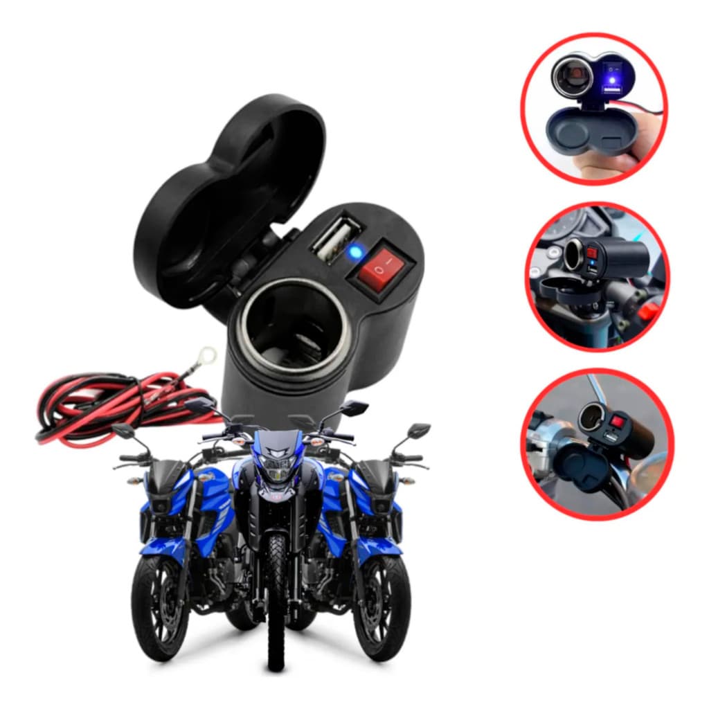 Tomada Original  Moto Carregador Celular 12V com USB  Resistente à Água Universal