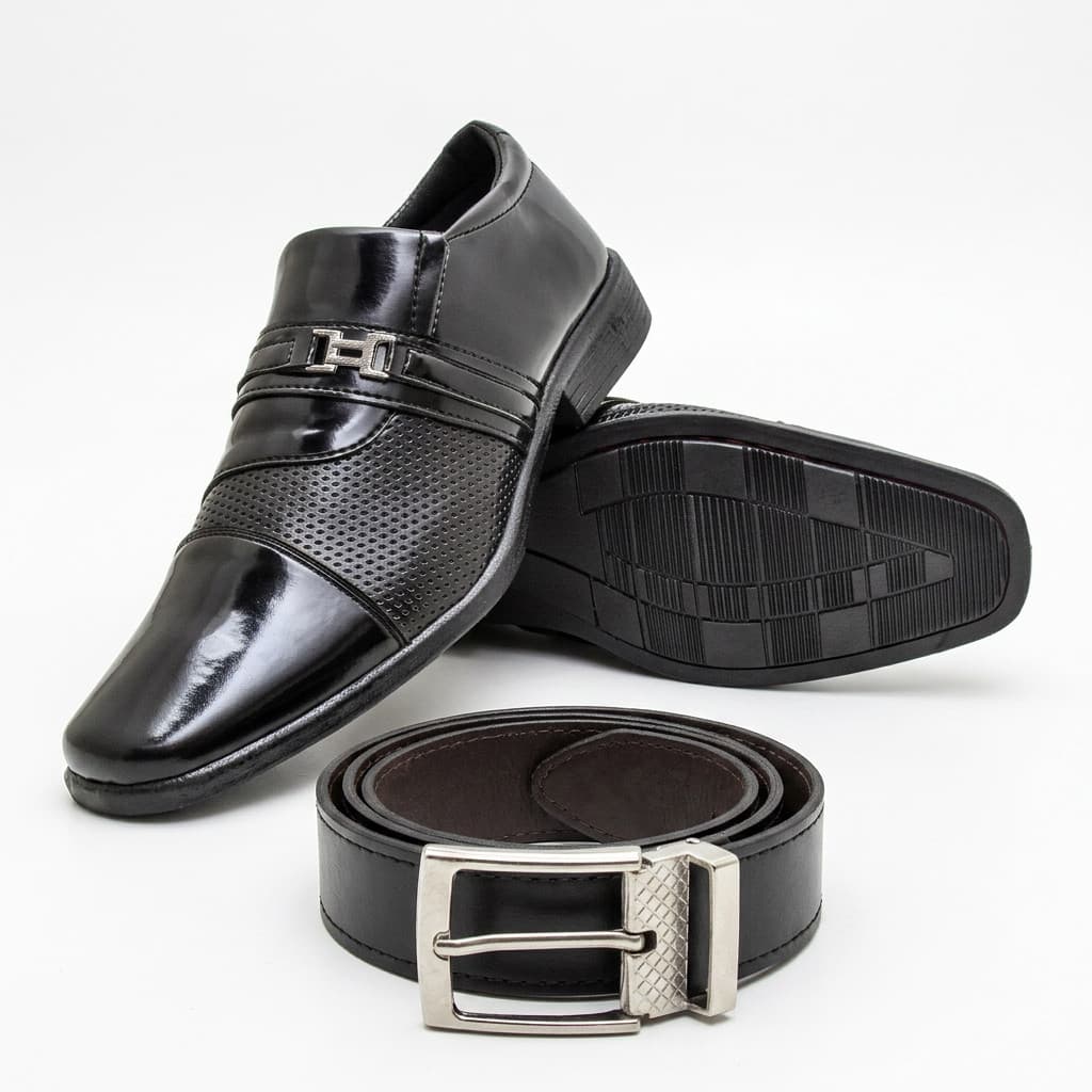 Kit Sapato Social Masculino Preto Verniz Cadarço Cinto