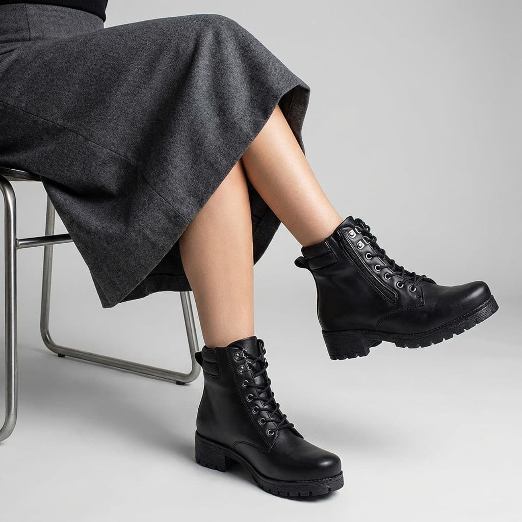 Coturno Feminino Cano Médio Preto Tratorado Zíper Cadarço
