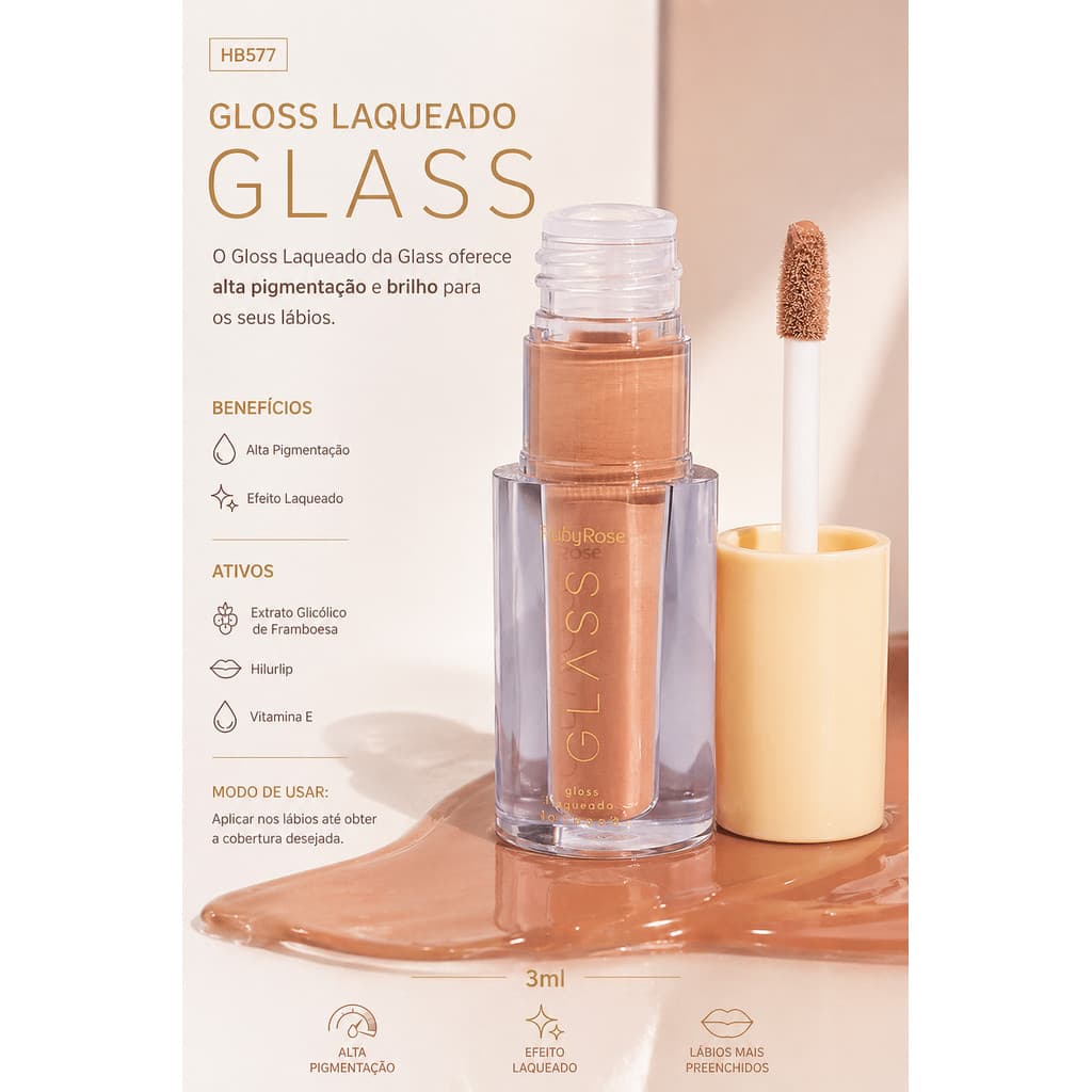 GLOSS LAQUEADO NUDE BG01 GLASS BRILHO ESPELHADO DE ALTA COBERTURA E EXTRATO DE FRAMBOESA