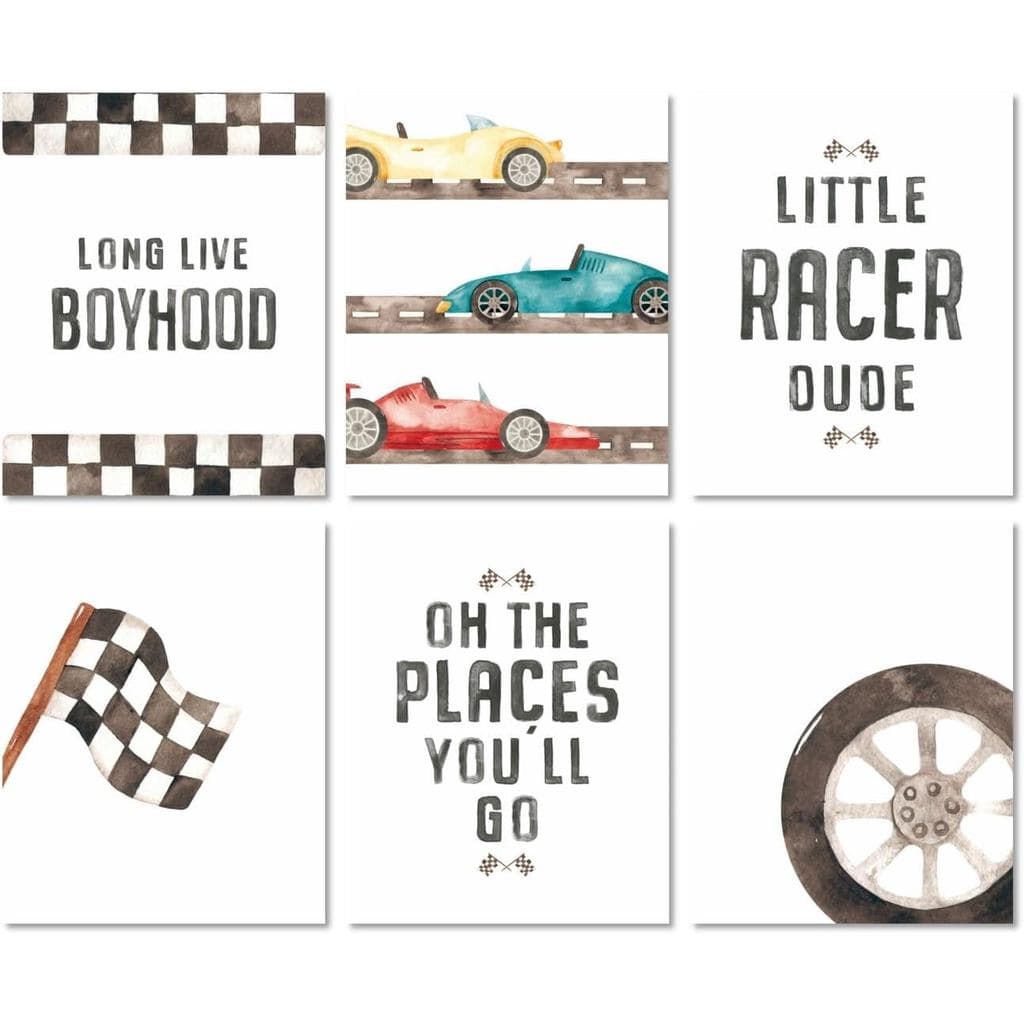 MINI ZOZI Race Car Room Decor Wall Art 8x10 6PCS Boy Nursery Posters Toddler Bedroom Cars Themed Pictures Decoration Kid