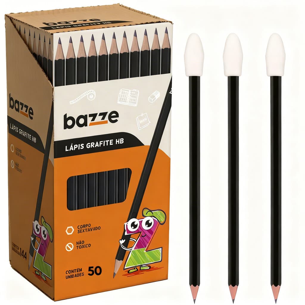 Kit 50 lápis de Escrever Nº2 Preto + 50 Borracha Escolar Ponteira Branca
