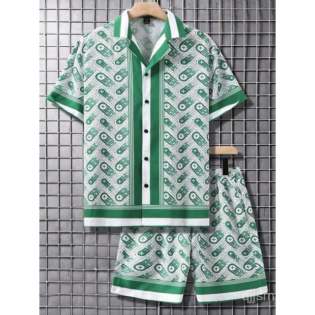 Camisa de manga curta e calções de praia, elegante conjunto masculino havaiano, estilo casual simples de verão para home