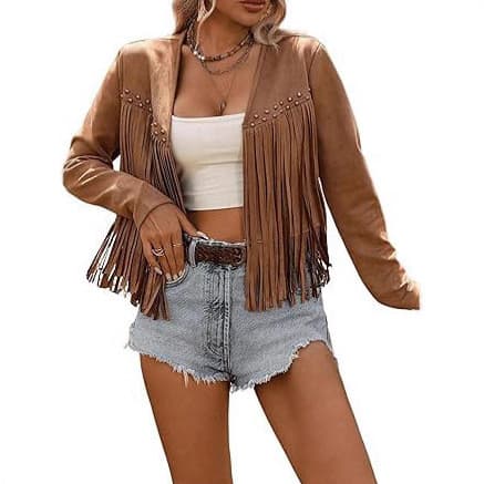 Novo estilo feminino camurça sintética franjas guarnição de manga comprida frente Cardigan jaqueta estilo ocidental traj