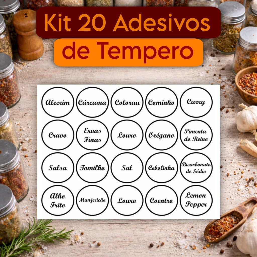 Kit 20 com Adesivos Etiquetas para Temperos – Organização de Potes Cozinha