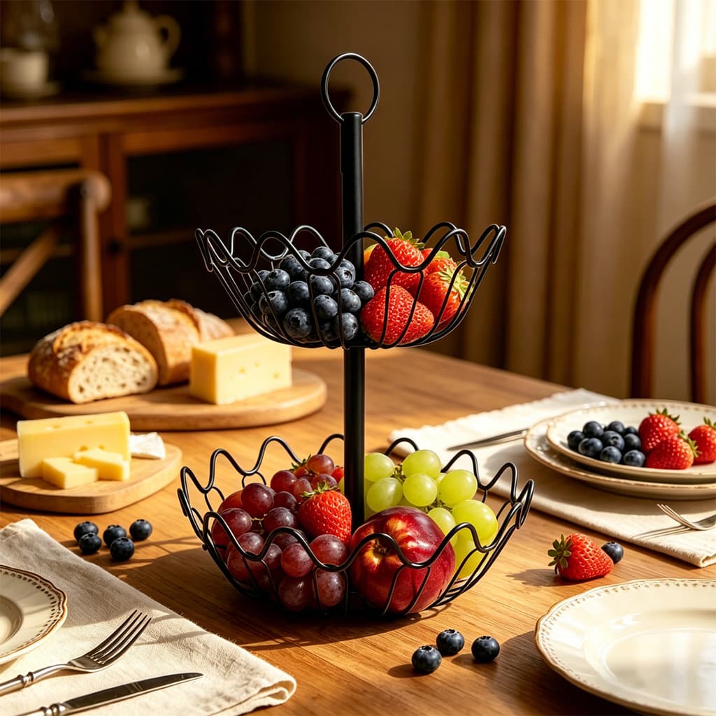 Cesta de frutas de dois níveis para cozinha, ideal para armazenar frutas, pães e lanches, ótima para presentes.