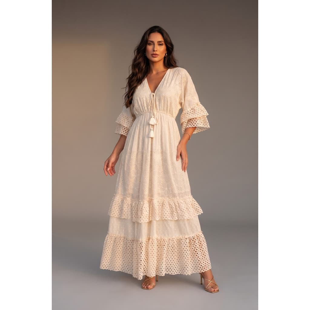 Vestido Longo Off White com Renda e Babados Elegante Sofisticada-8004