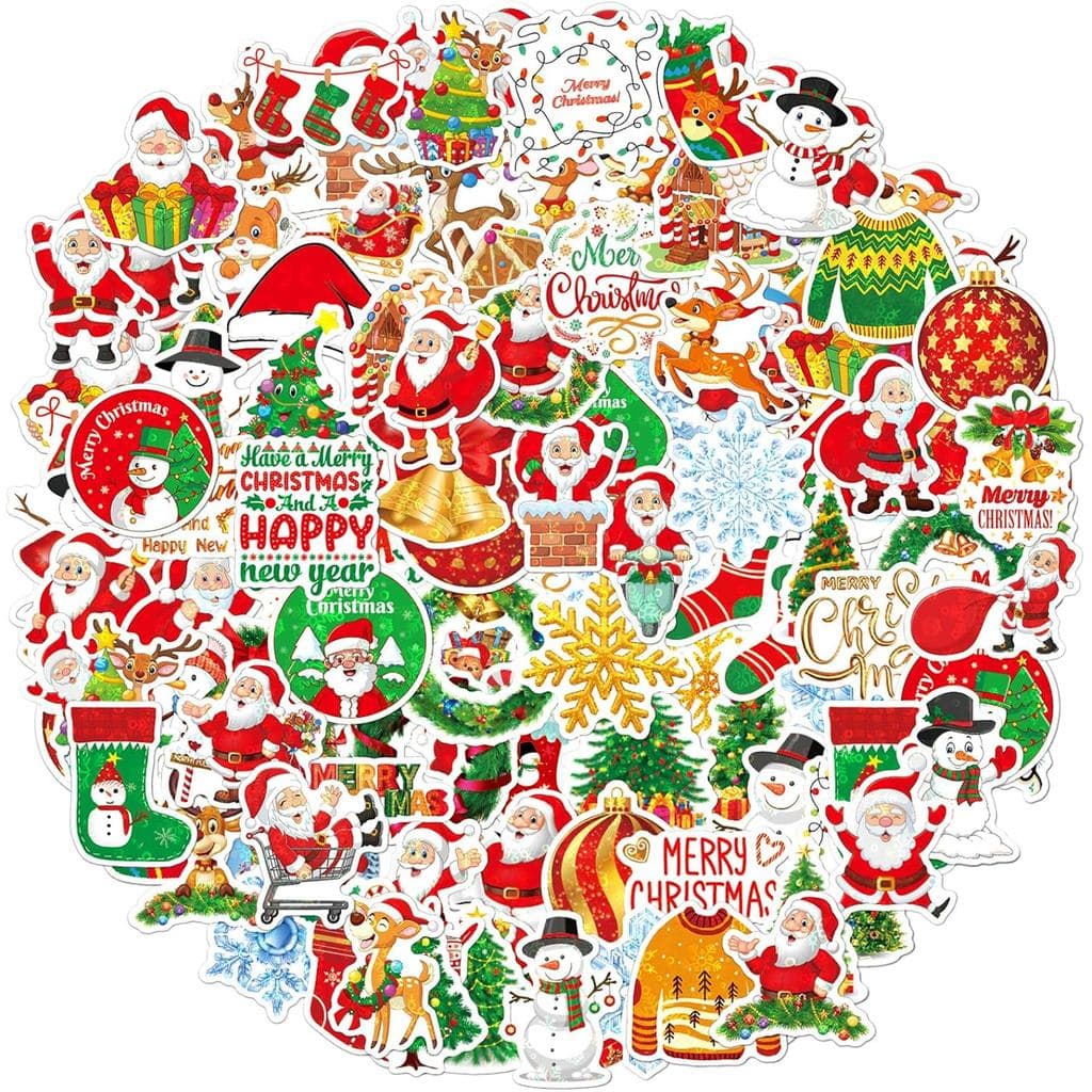 100 Adesivos de Natal, Adesivos de Vinil à Prova d'Água com Tema de Natal, com Renas e Papai Noel, para Scrapbook, Envel