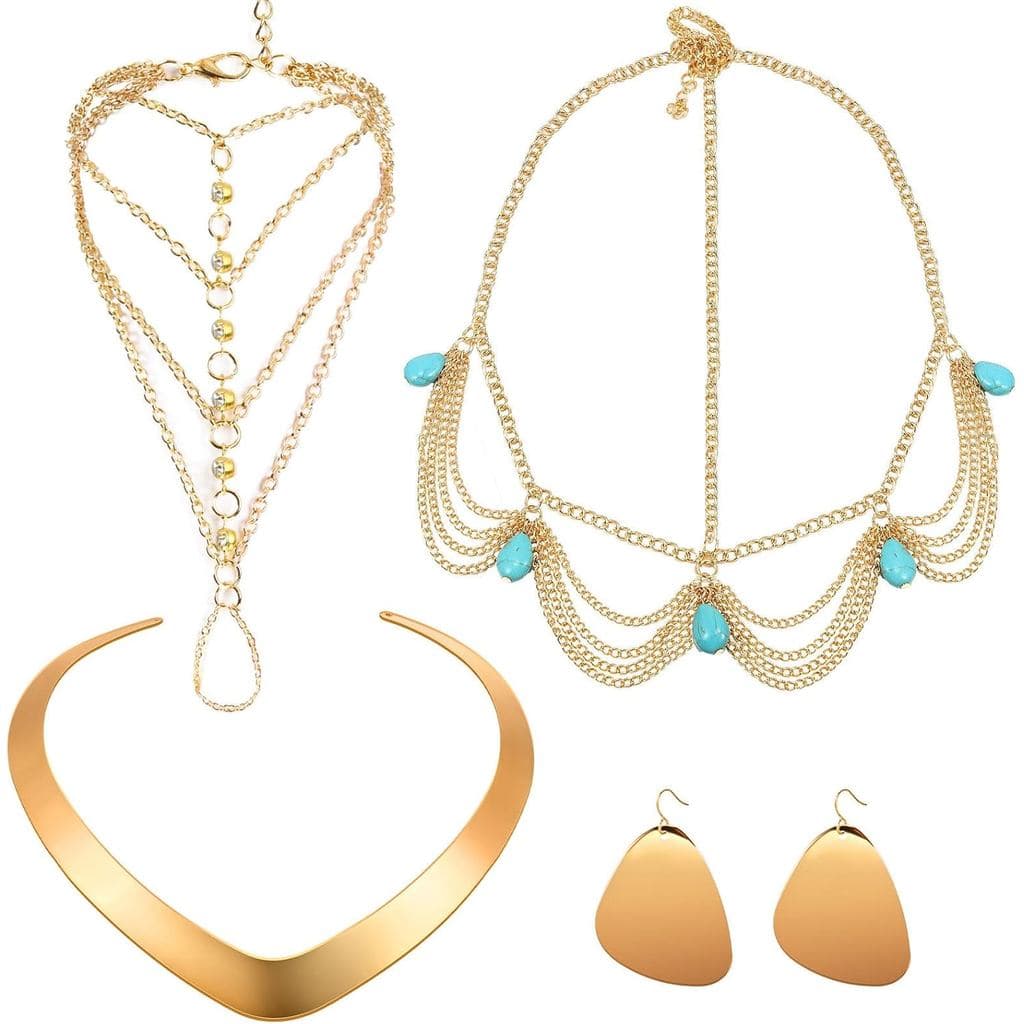 Acessórios de Fantasia da Princesa Jasmine Leumoi: Colar Dourado, Brincos, Pulseira com Franjas, Corrente de Cabeça, Con