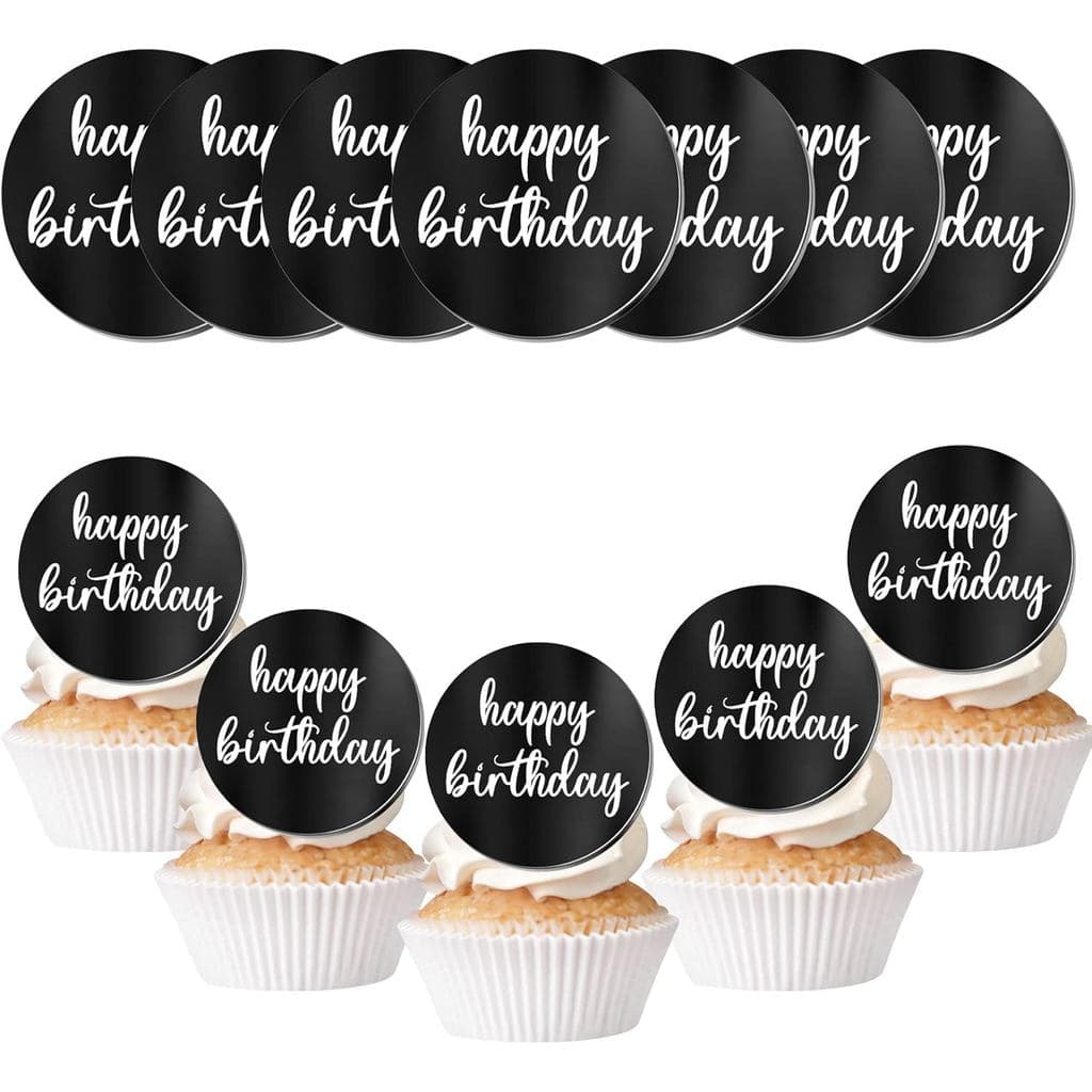 Bucherry 24 Pcs Black Happy Birthday Cake Toppers Mirror Side Round Acrylic Black Happy Birthday Cupcake Toppers Decor f