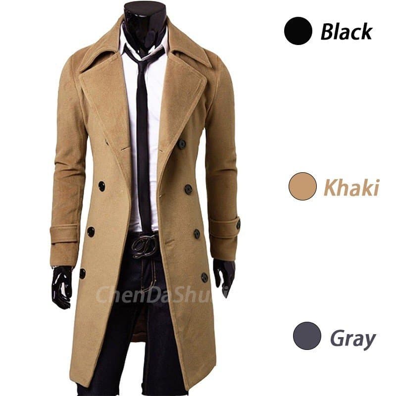 Casual Cor Sólida Manga Longa Casaco Masculino Inverno Moda Botões Bolsos Longo Duplo Breasted Magro Casacos Quentes .
