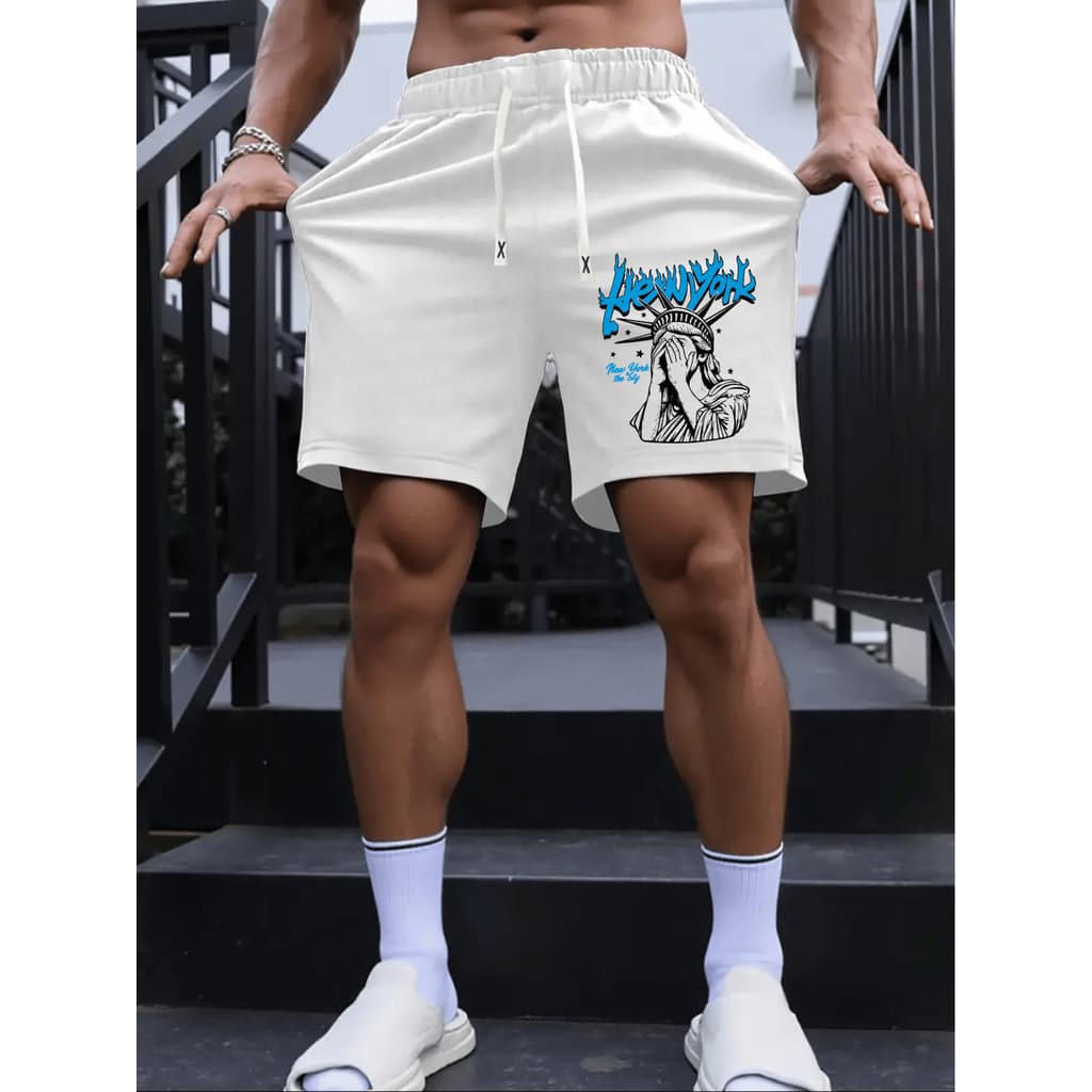 Short Bermuda Mauricinho Tactel Masculino Com Bolsos Estampa Nova York Estatua