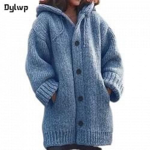 Casaco Longo De Malha Com Capuz Feminino Outono Inverno Manga Longa Cor Sólida Solto Grosso Quente Jaqueta