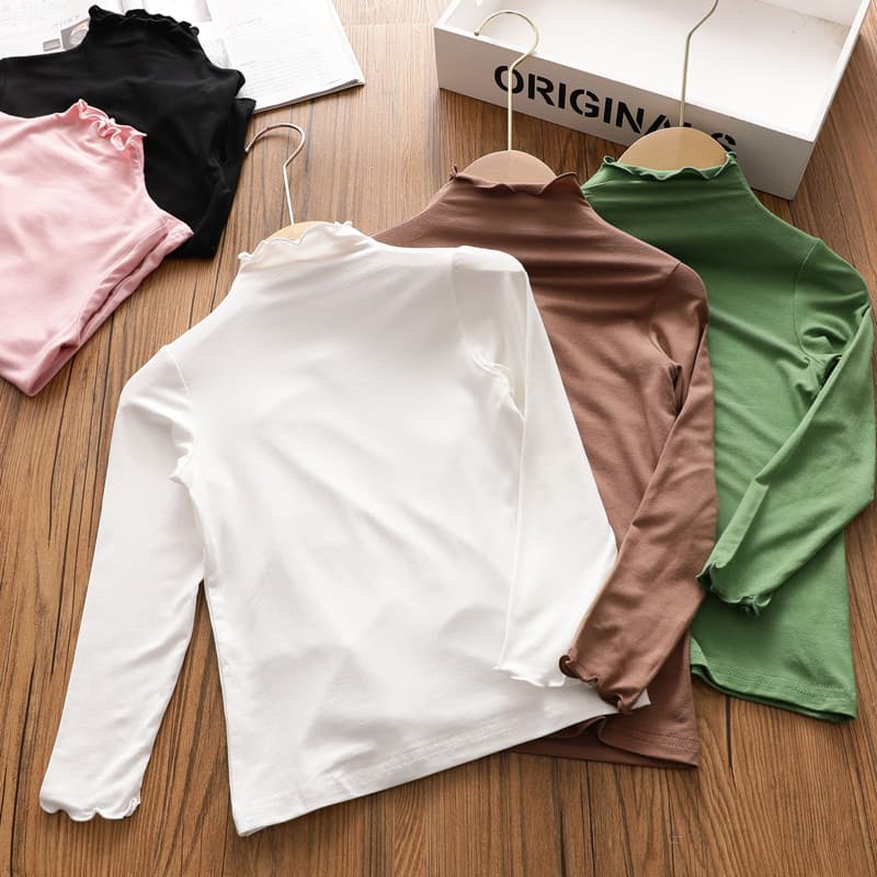 Meninas Modal algodão camisa de fundo bebê cor sólida gola média alta estilo fino All-Match camiseta médio grande crianç