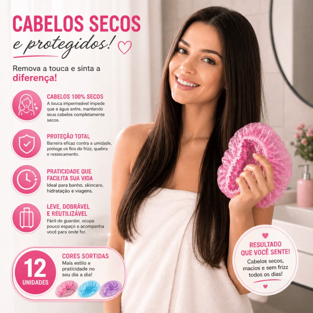 Touca de Banho Descartável Kit 12 Unidades Impermeável Protege Cabelos Secos Anti Frizz