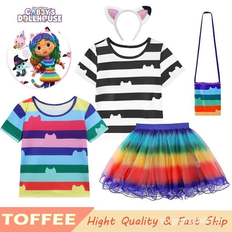 Conjunto de Camiseta e Saia Arco-Íris da Gabby's Dollhouse, Fantasia de Halloween e Natal, Cosplay de Manga Curta para R
