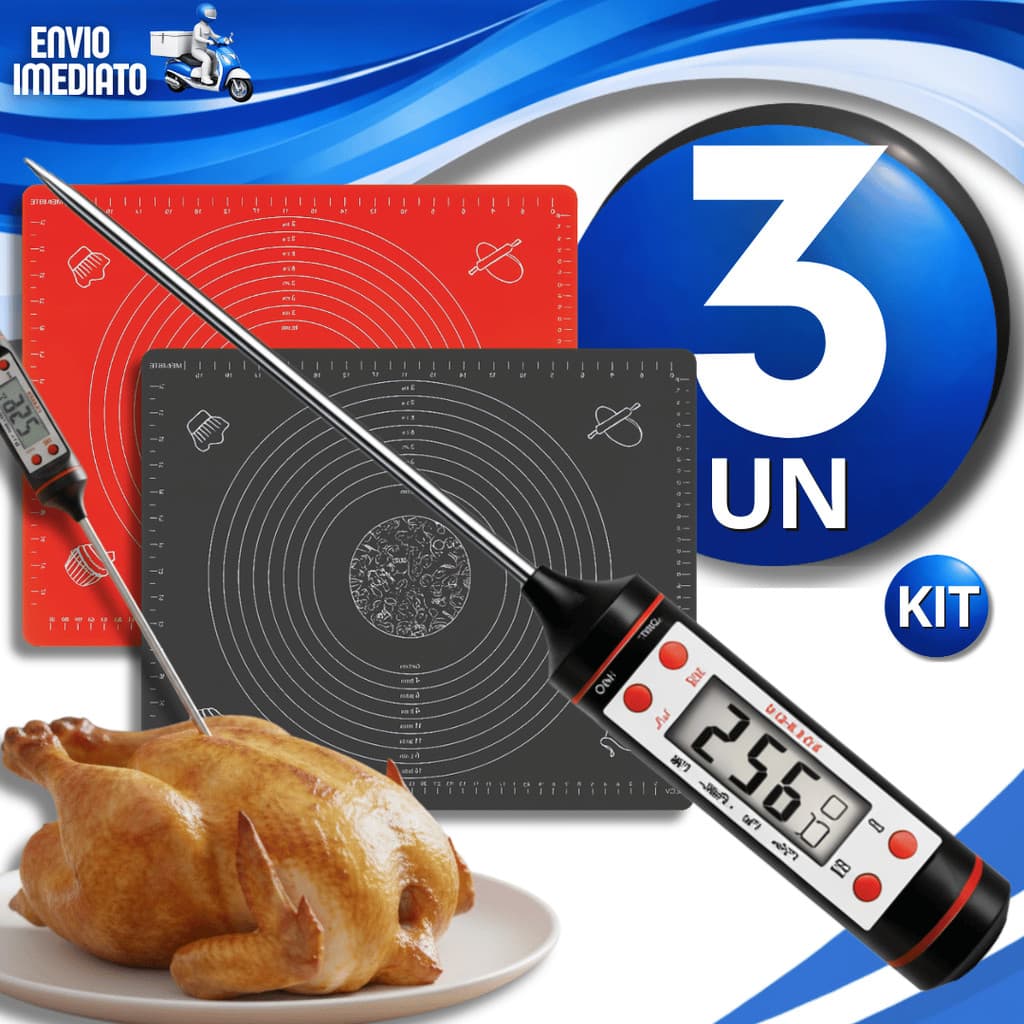 Termômetro Culinário + 2 Tapete Culinário Silicone 40X50CM Cozinha Confeitaria Multiuso Utensílios