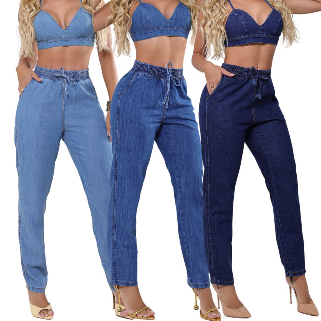 Conjunto Calça e Cropped Feminina Jeans comfotavel Cintura Alta Casual Tecido leve