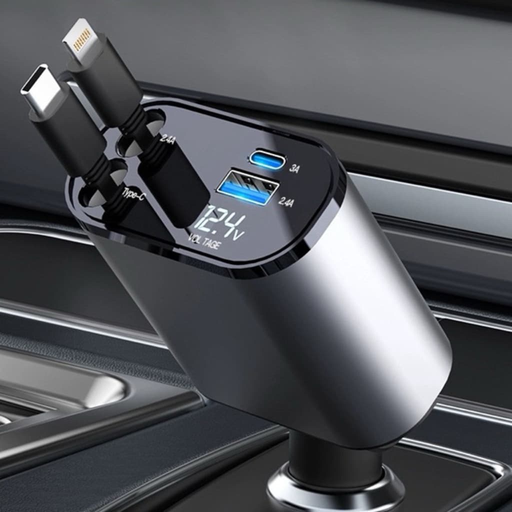 Carregador de carro retrátil carregador rápido de para carro 4 em 1 para iPhone e Android